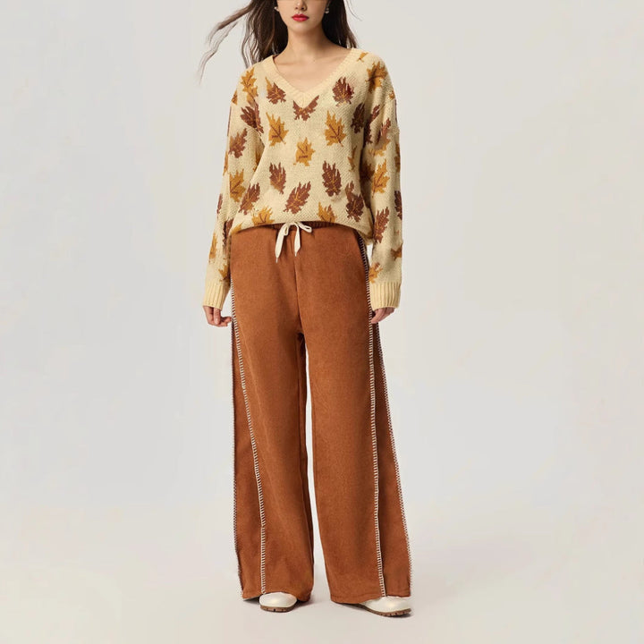 Women Contrast Stitch Wide Leg Pants LionStyle