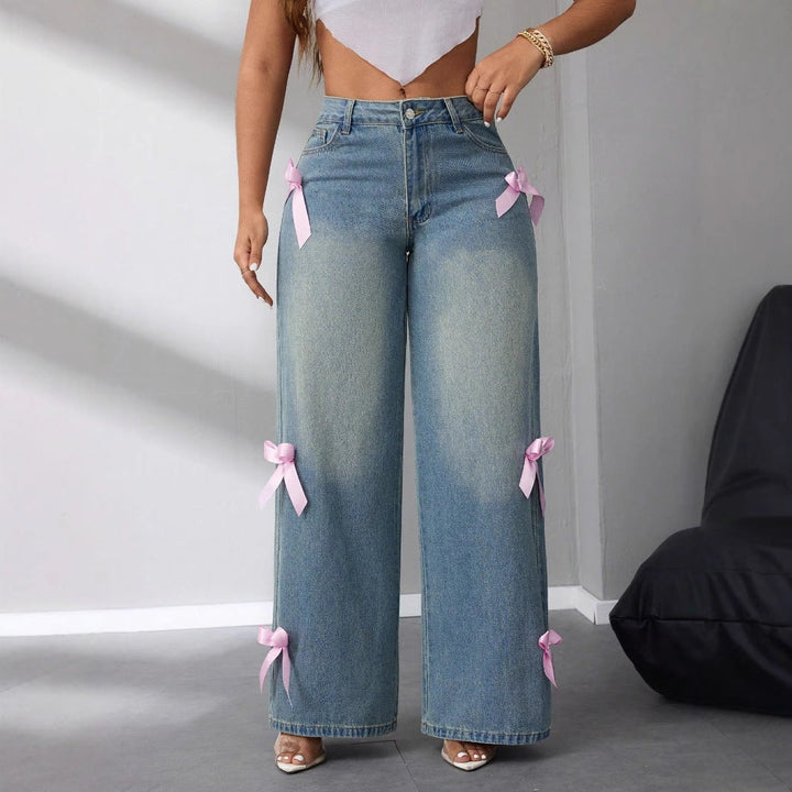 Women Coquette Ribbon Wide Leg Jeans LionStyle