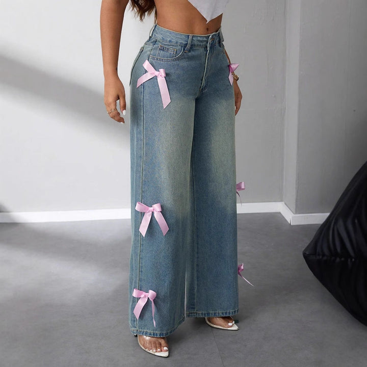 Women Coquette Ribbon Wide Leg Jeans LionStyle