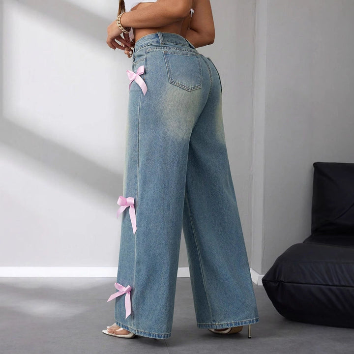 Women Coquette Ribbon Wide Leg Jeans LionStyle