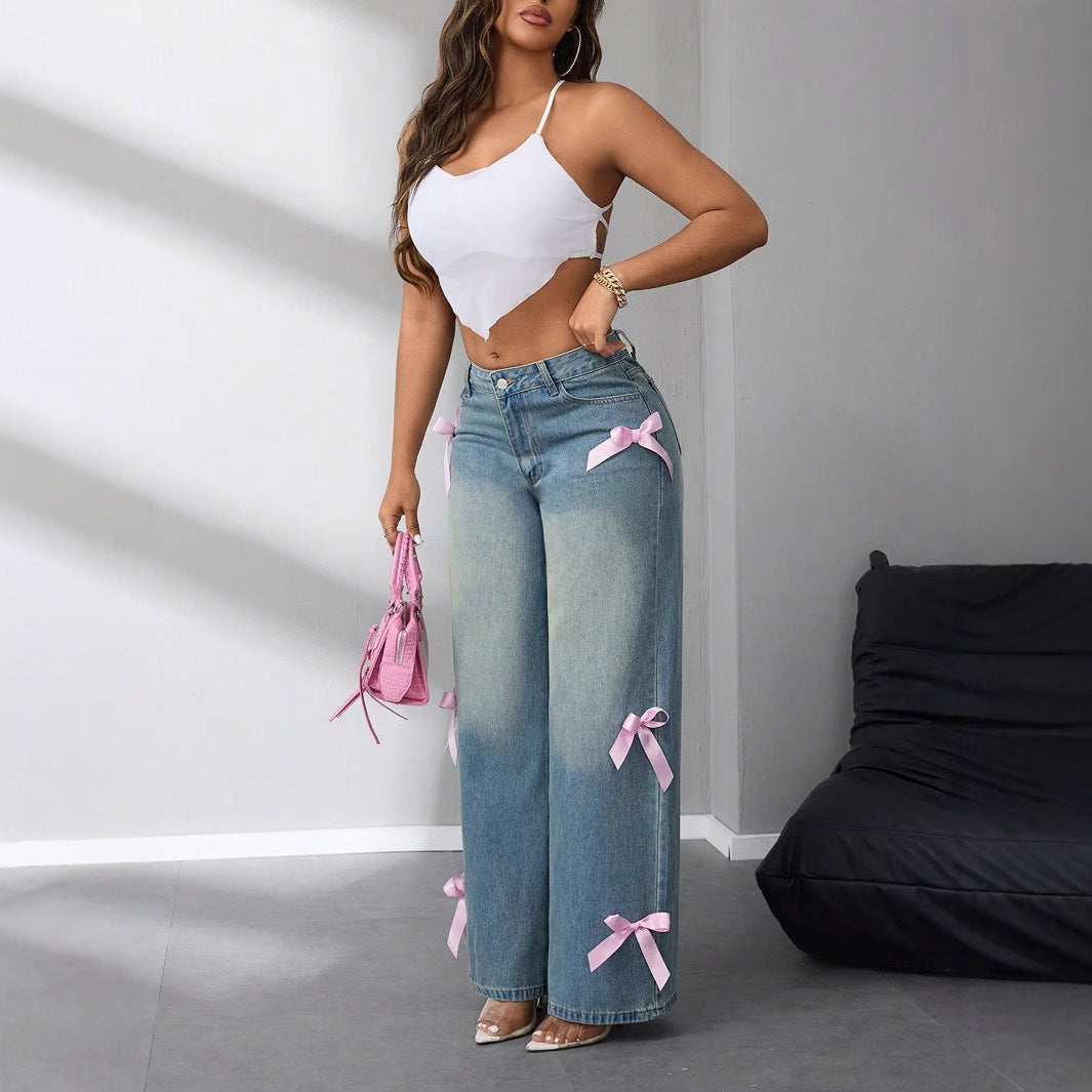 Women Coquette Ribbon Wide Leg Jeans LionStyle
