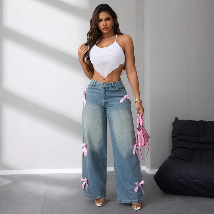 Women Coquette Ribbon Wide Leg Jeans LionStyle