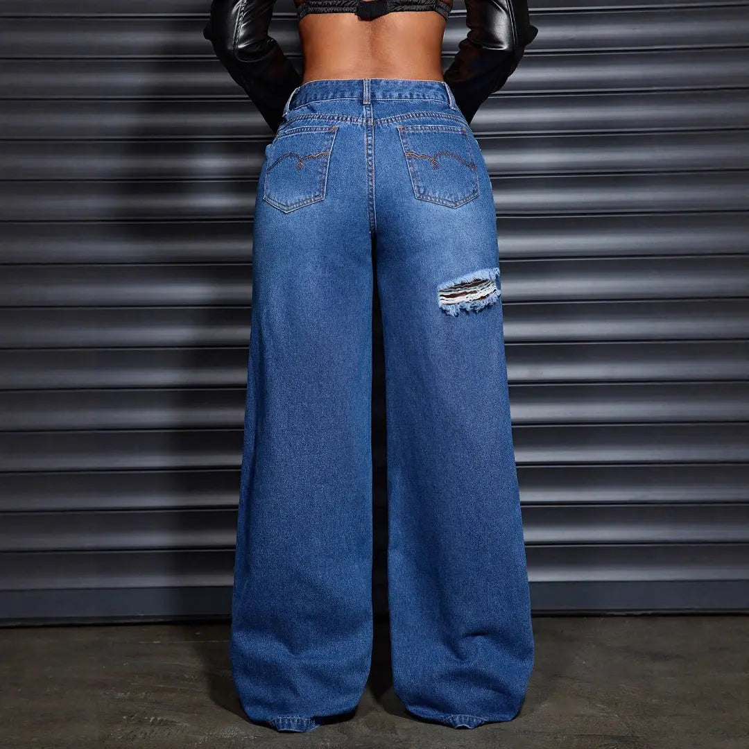 Women Distressed Wide Leg Jeans LionStyle Lion Style