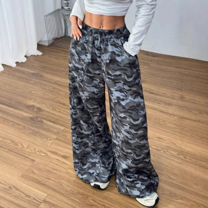 Women Elastic Waist Camo Wide Pants LionStyle Lion Style