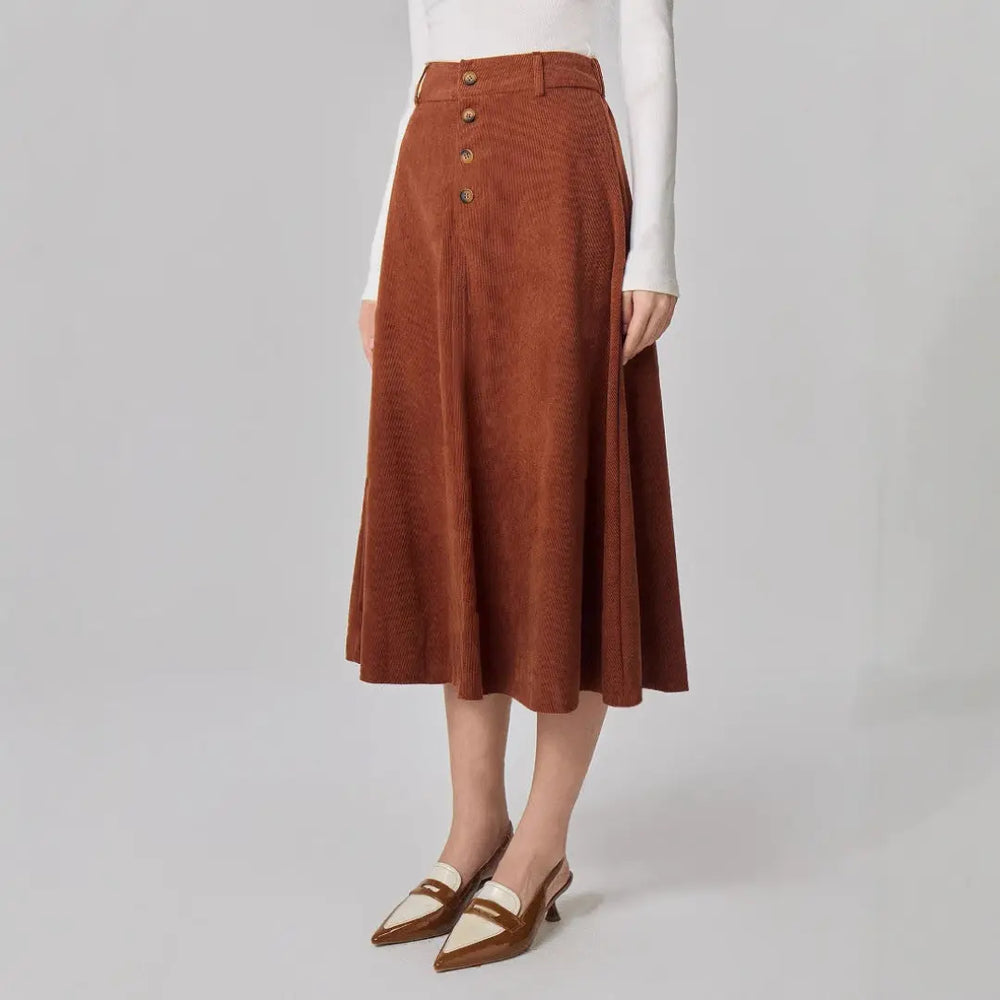 LS | Women Elegant A Line Button Midi Skirt Lion Style
