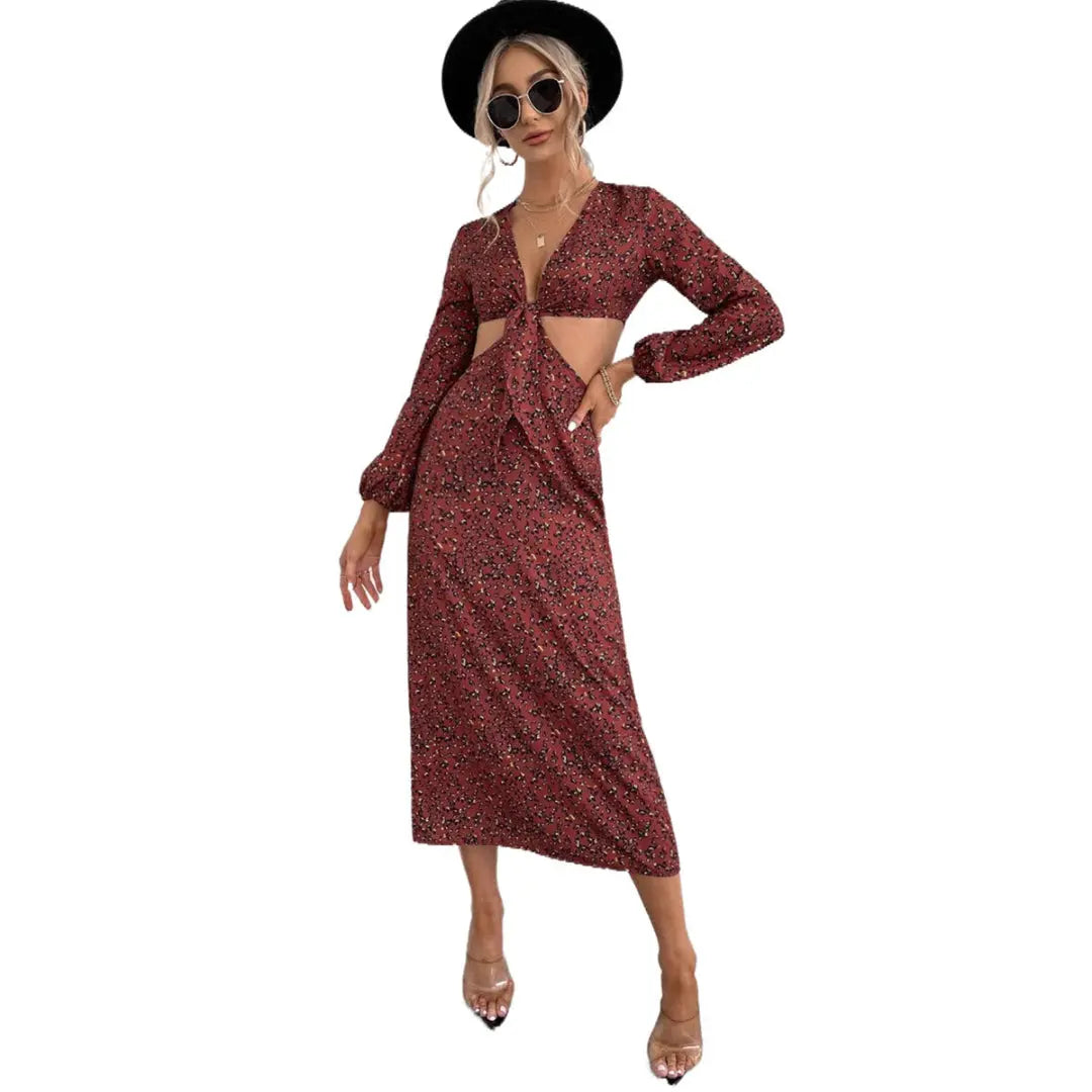 Women Floral Knot Midi Dress LionStyle Lion Style