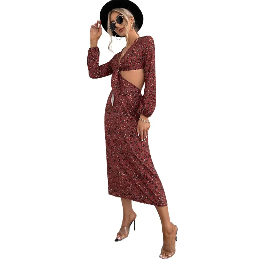 Women Floral Knot Midi Dress LionStyle Lion Style