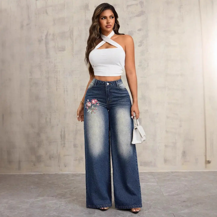 Women Floral Wide Leg Jeans LionStyle Lion Style