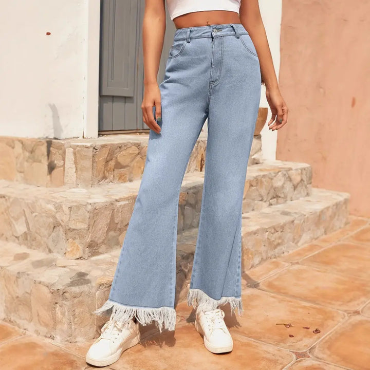 Women Frayed Hem Wide Jeans LionStyle Lion Style