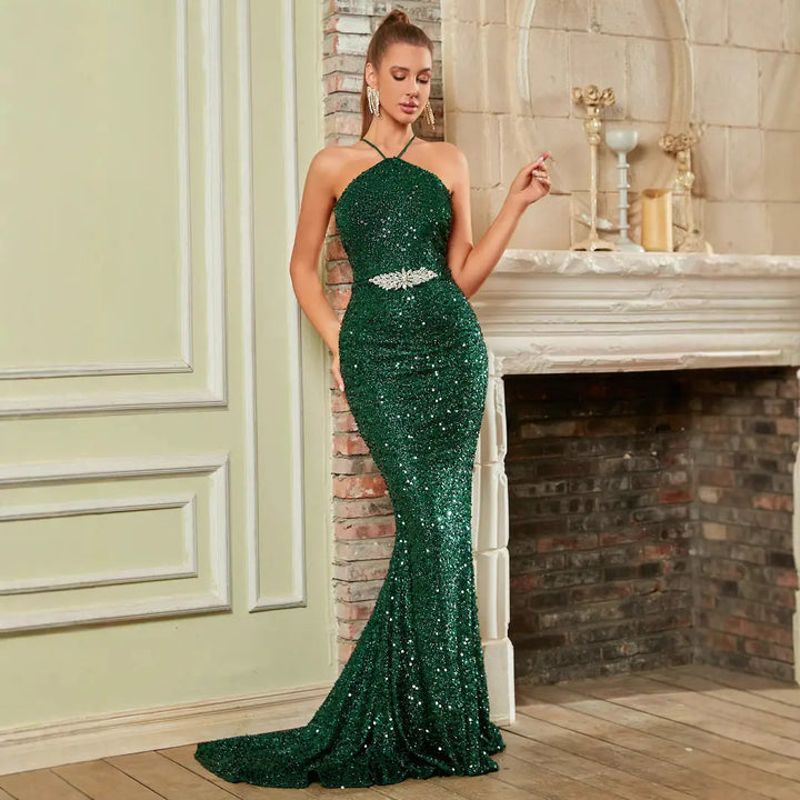 Women Halter Sequin Mermaid Evening Gown LionStyle Lion Style