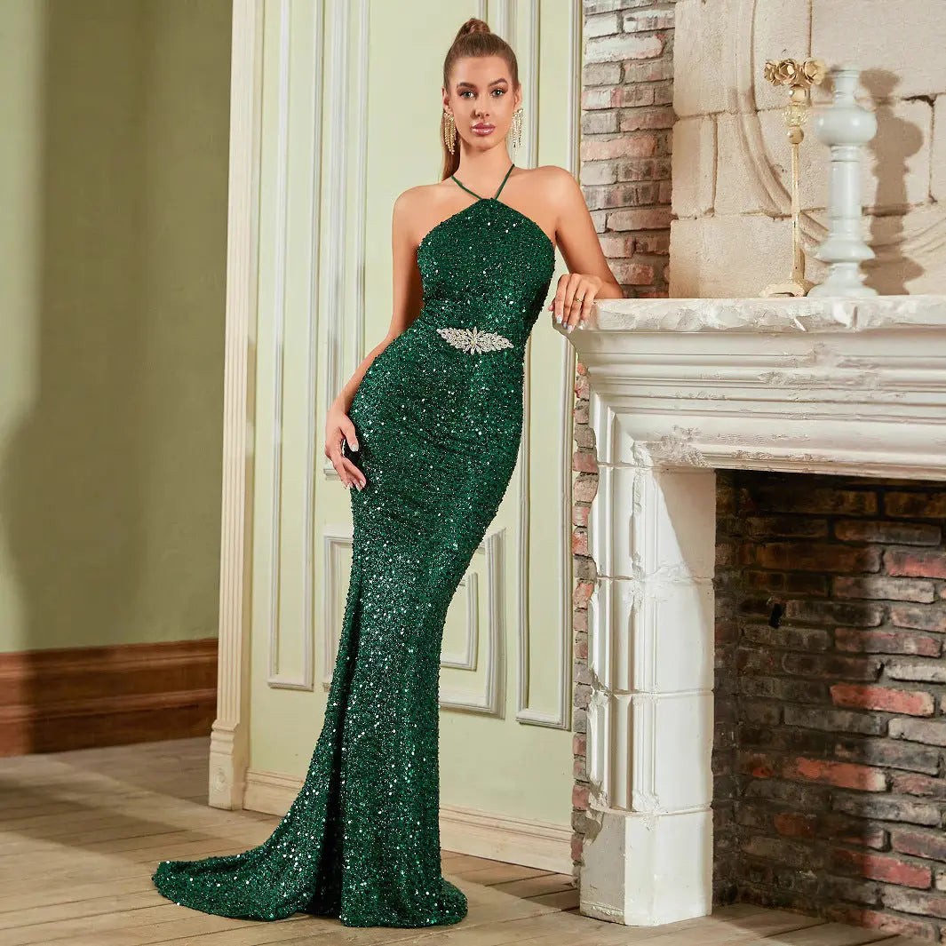 Women Halter Sequin Mermaid Evening Gown LionStyle Lion Style