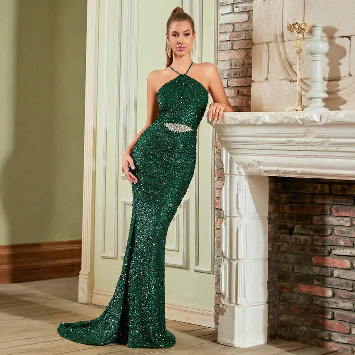 Women Halter Sequin Mermaid Evening Gown LionStyle Lion Style