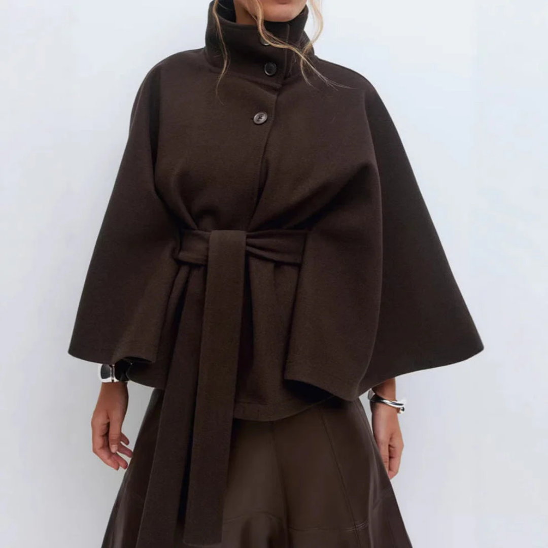 Women High-Neck Belted Cape Coat LionStyle Lion Style
