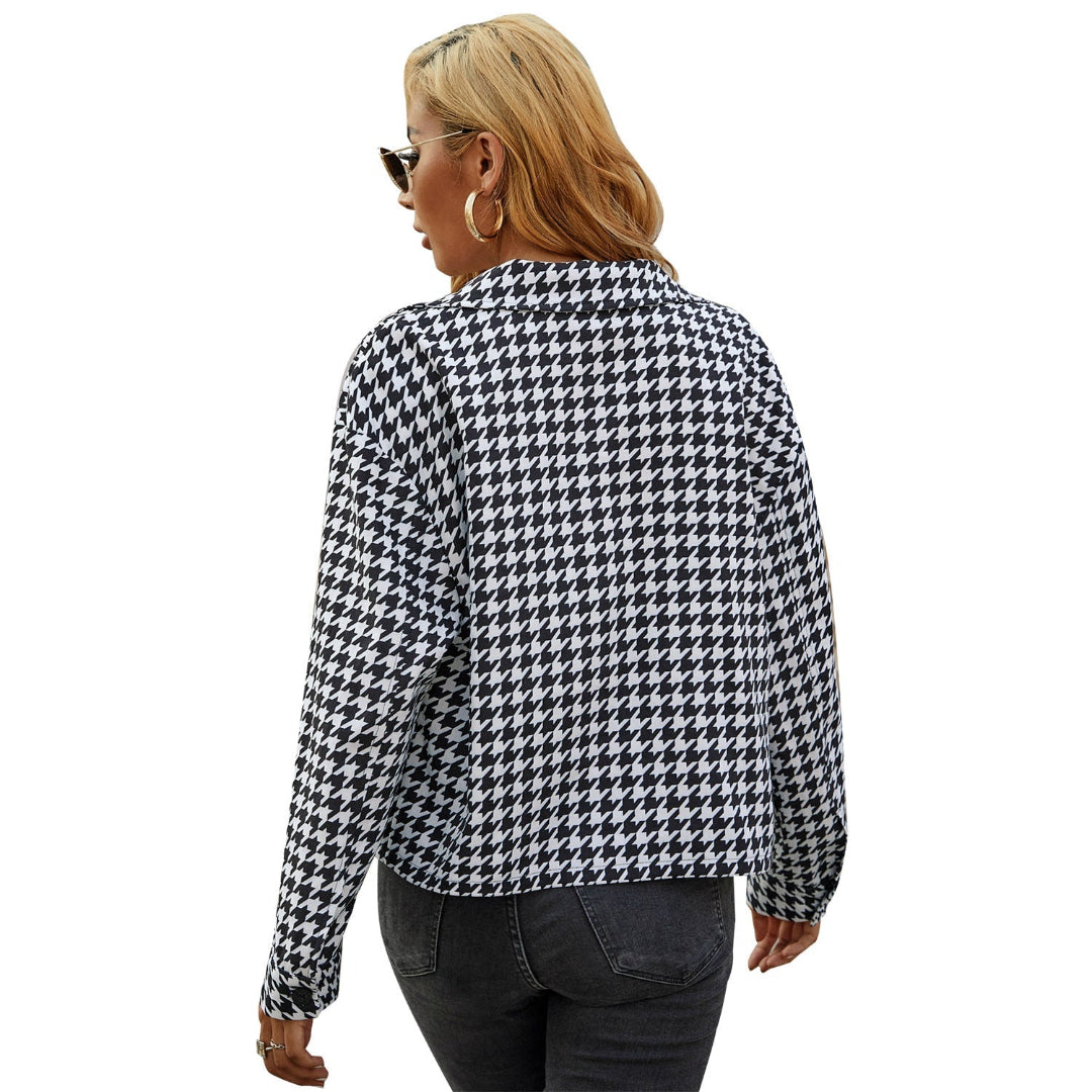 Women Houndstooth Button Long Sleeves LionStyle