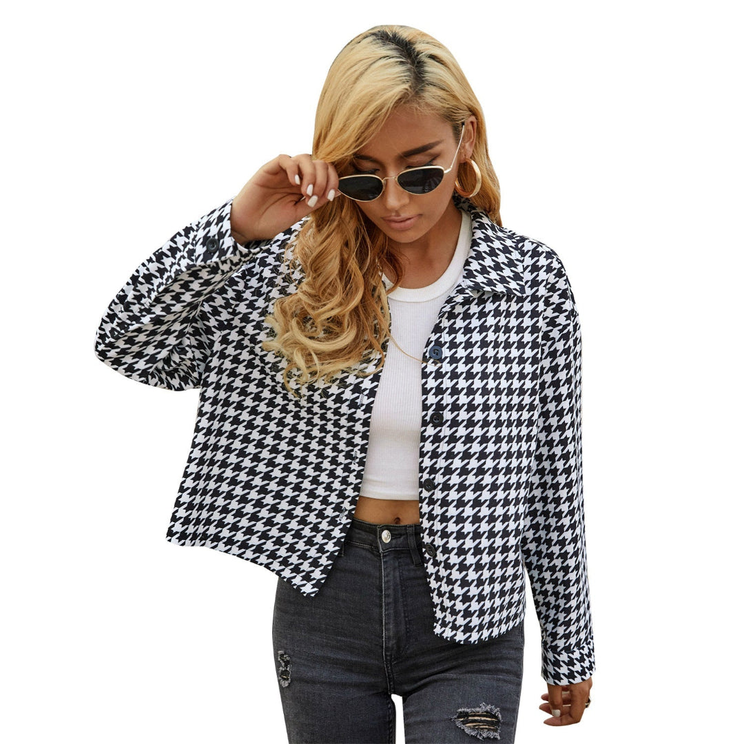 Women Houndstooth Button Long Sleeves LionStyle