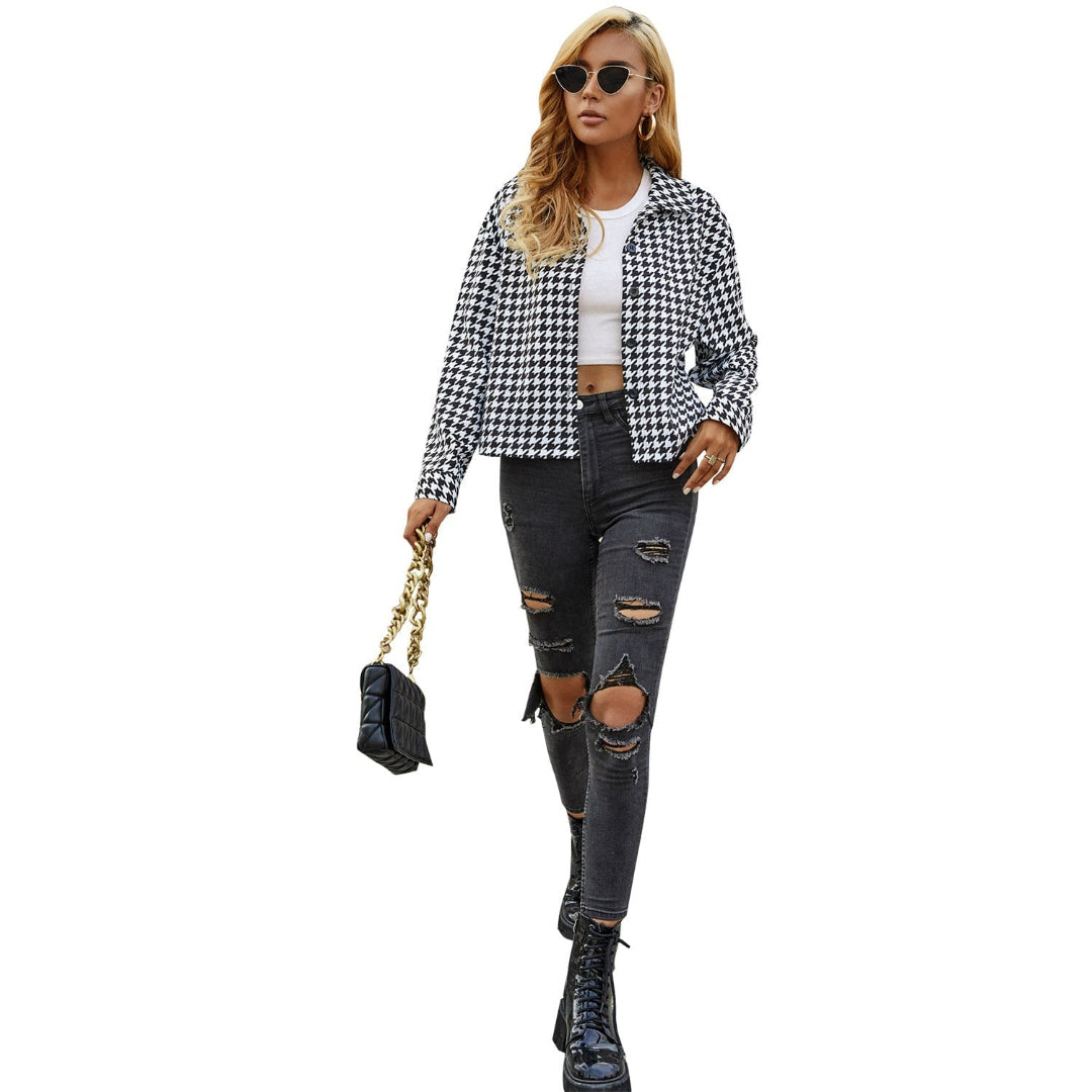 Women Houndstooth Button Long Sleeves LionStyle