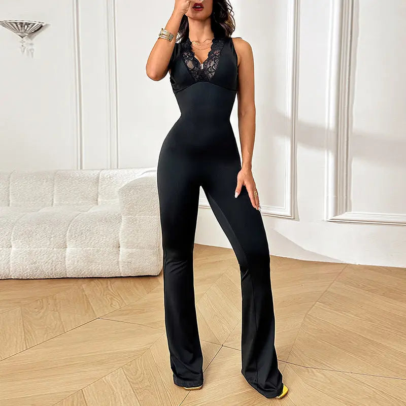 Women Lace Trim Flare Jumpsuit LionStyle Lion Style