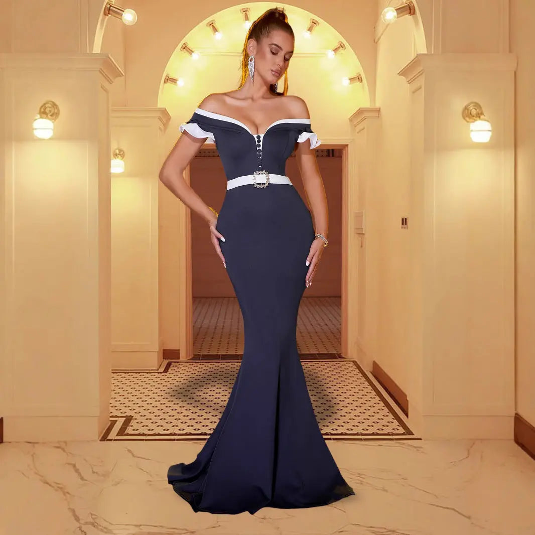 Women Navy Contrast Mermaid Gown LionStyle Lion Style