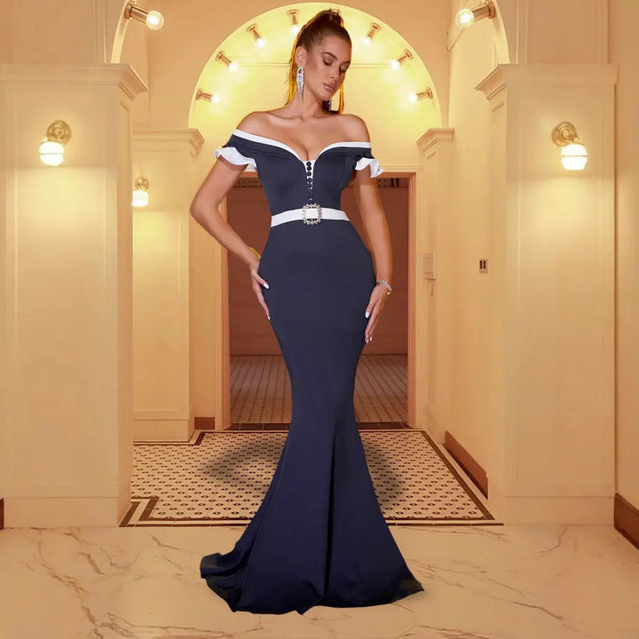 Women Navy Contrast Mermaid Gown LionStyle Lion Style