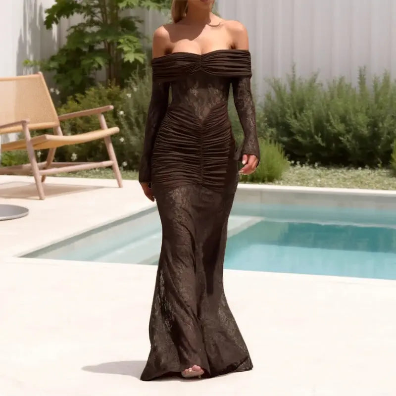 Women Off Shoulder Lace Maxi Dress LionStyle Lion Style