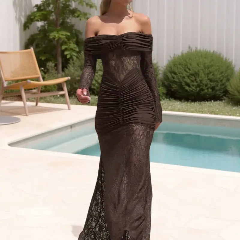 Women Off Shoulder Lace Maxi Dress LionStyle Lion Style
