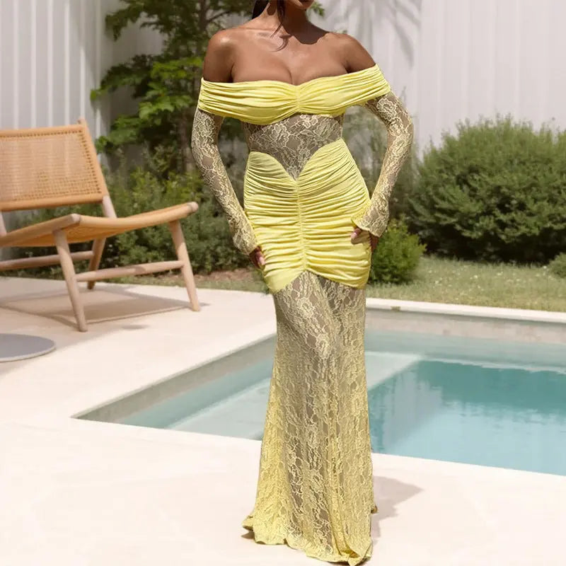 Women Off Shoulder Lace Maxi Dress LionStyle Lion Style