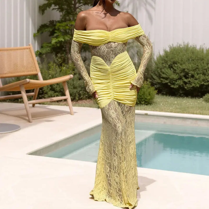 Women Off Shoulder Lace Maxi Dress LionStyle Lion Style