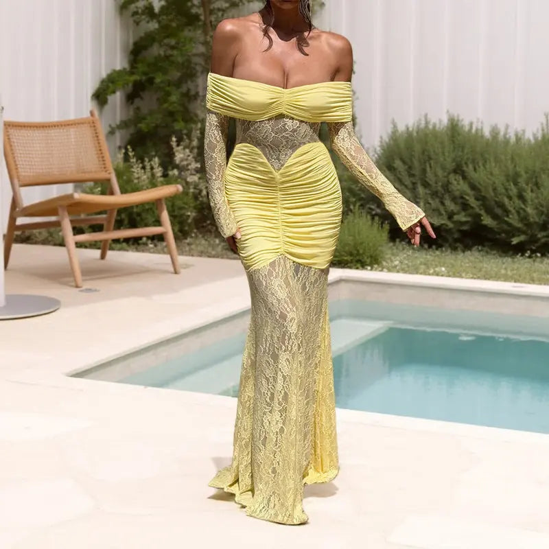 Women Off Shoulder Lace Maxi Dress LionStyle Lion Style