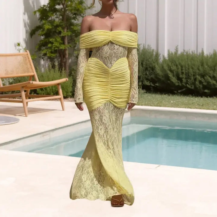 Women Off Shoulder Lace Maxi Dress LionStyle Lion Style