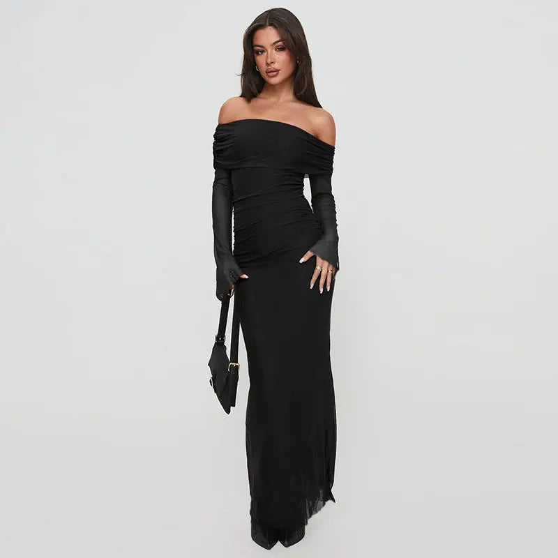 Women Off Shoulder Mesh Maxi Dress LionStyle Lion Style