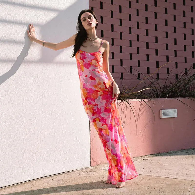 Women Pink Bloom Maxi Dress LionStyle Lion Style