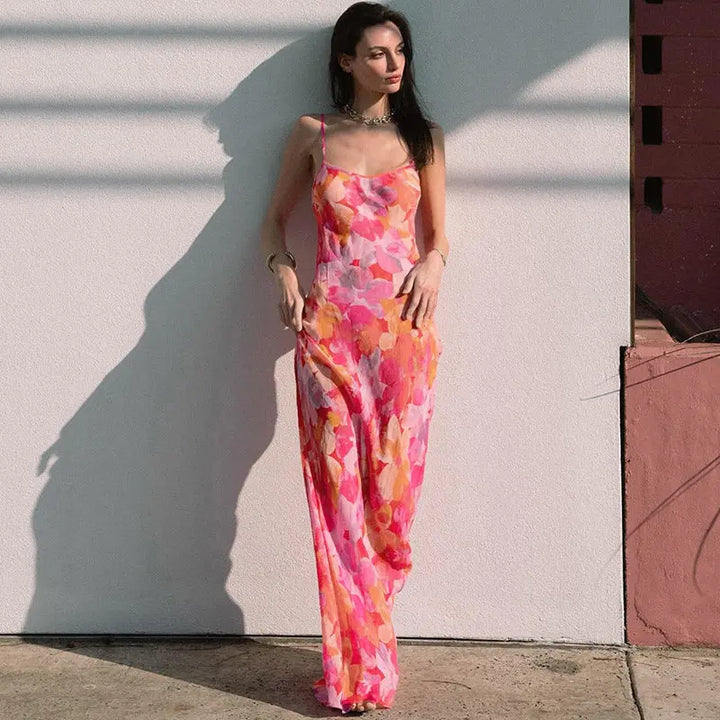 Women Pink Bloom Maxi Dress LionStyle Lion Style