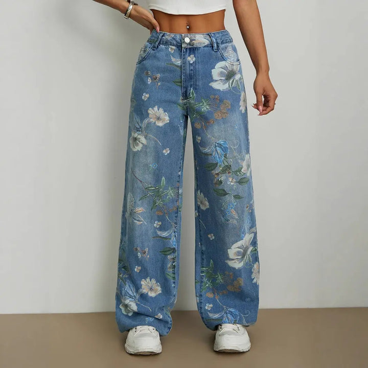 Women Retro Floral Wide Leg Jeans LionStyle Lion Style