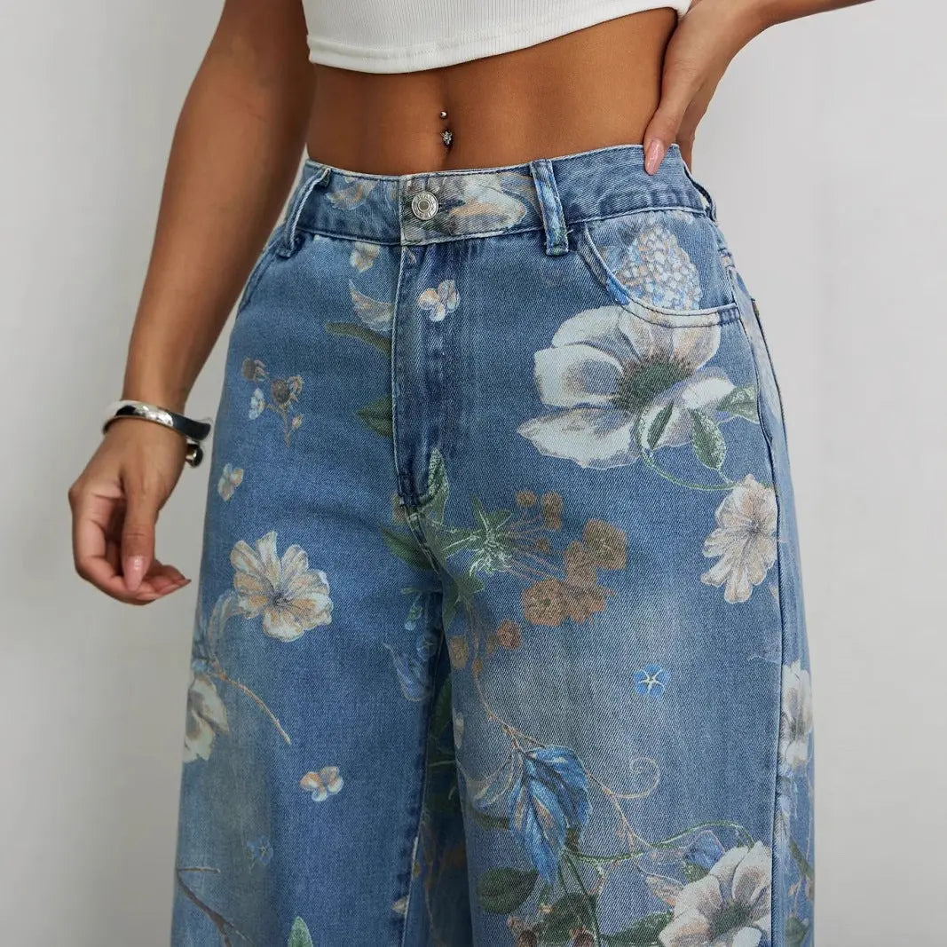 Women Retro Floral Wide Leg Jeans LionStyle Lion Style