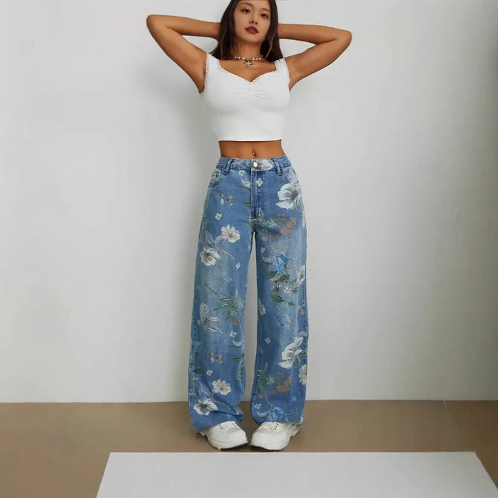 Women Retro Floral Wide Leg Jeans LionStyle Lion Style