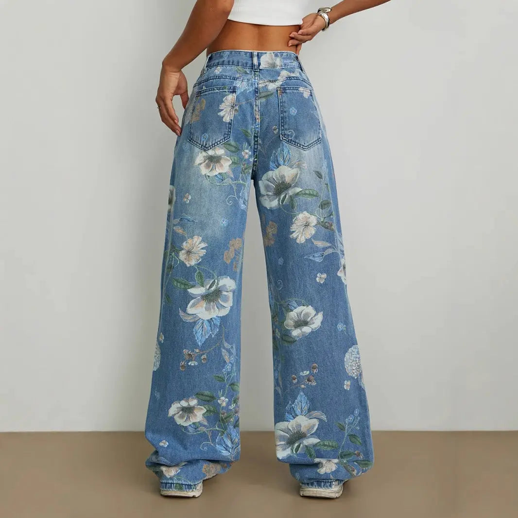 Women Retro Floral Wide Leg Jeans LionStyle Lion Style