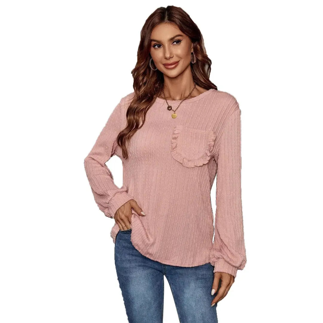 Women Ruffle Pocket Long Sleeve Top LionStyle Lion Style