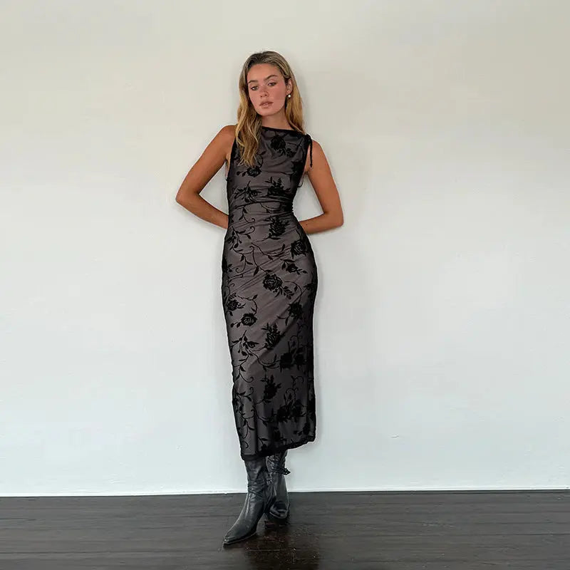Women Sheer Floral Midi Dress LionStyle Lion Style