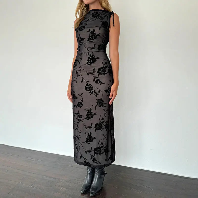 Women Sheer Floral Midi Dress LionStyle Lion Style