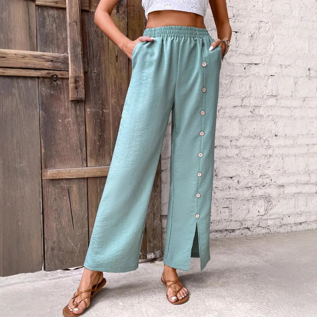 Women Side Button Wide Leg Pants LionStyle Lion Style