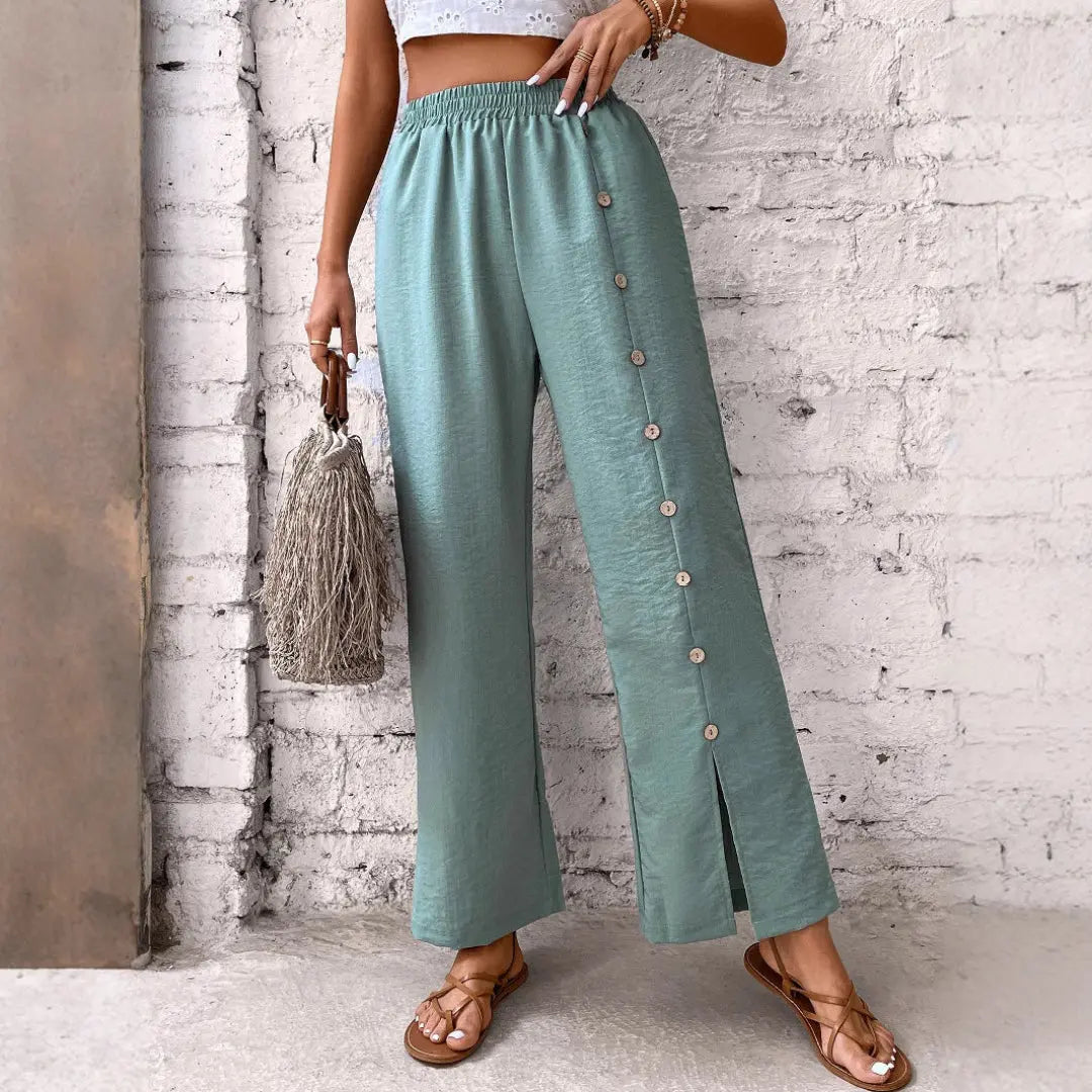 Women Side Button Wide Leg Pants LionStyle Lion Style