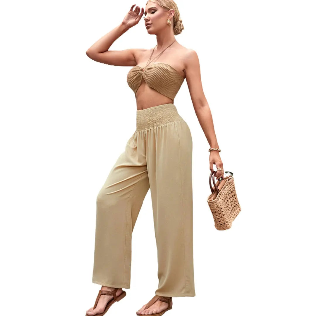 Women Smocked Waist Wide Leg Pants LionStyle Lion Style