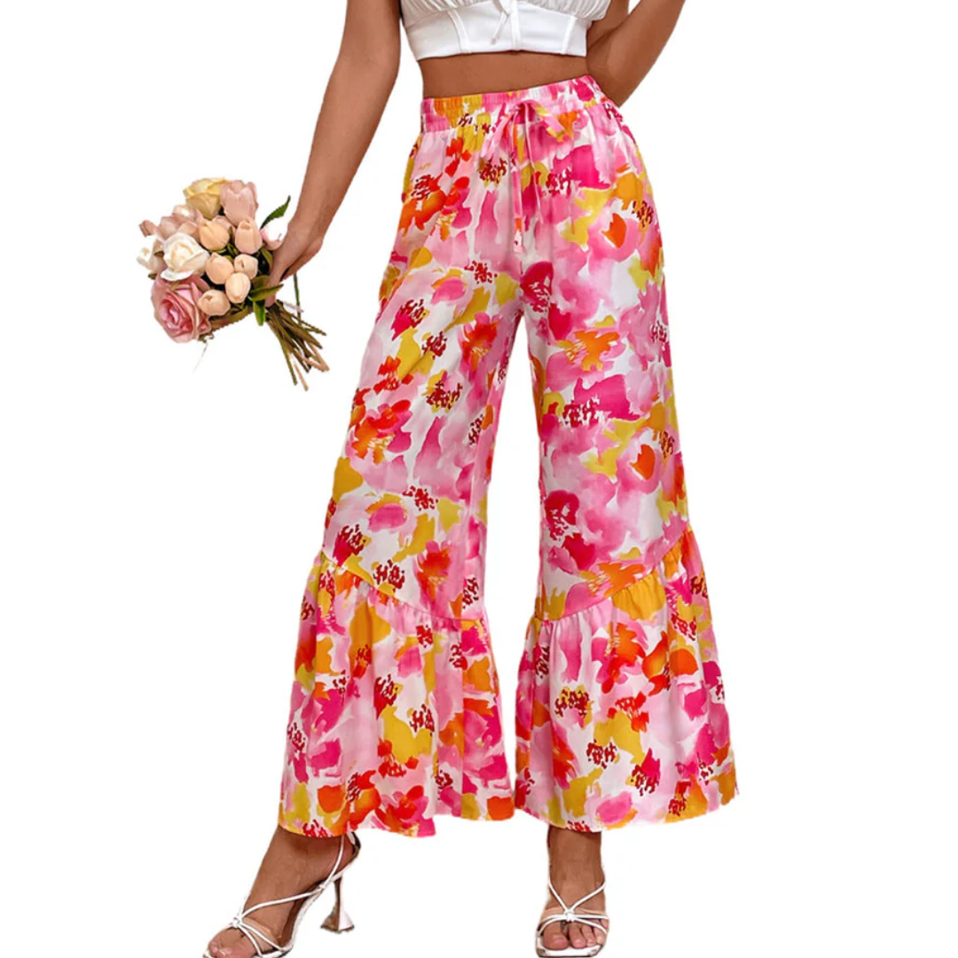 Women Tropical Bloom Ruffle Wide Pants LionStyle
