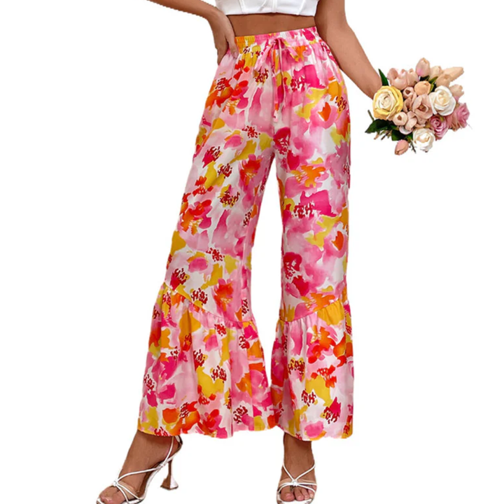 Women Tropical Bloom Ruffle Wide Pants LionStyle