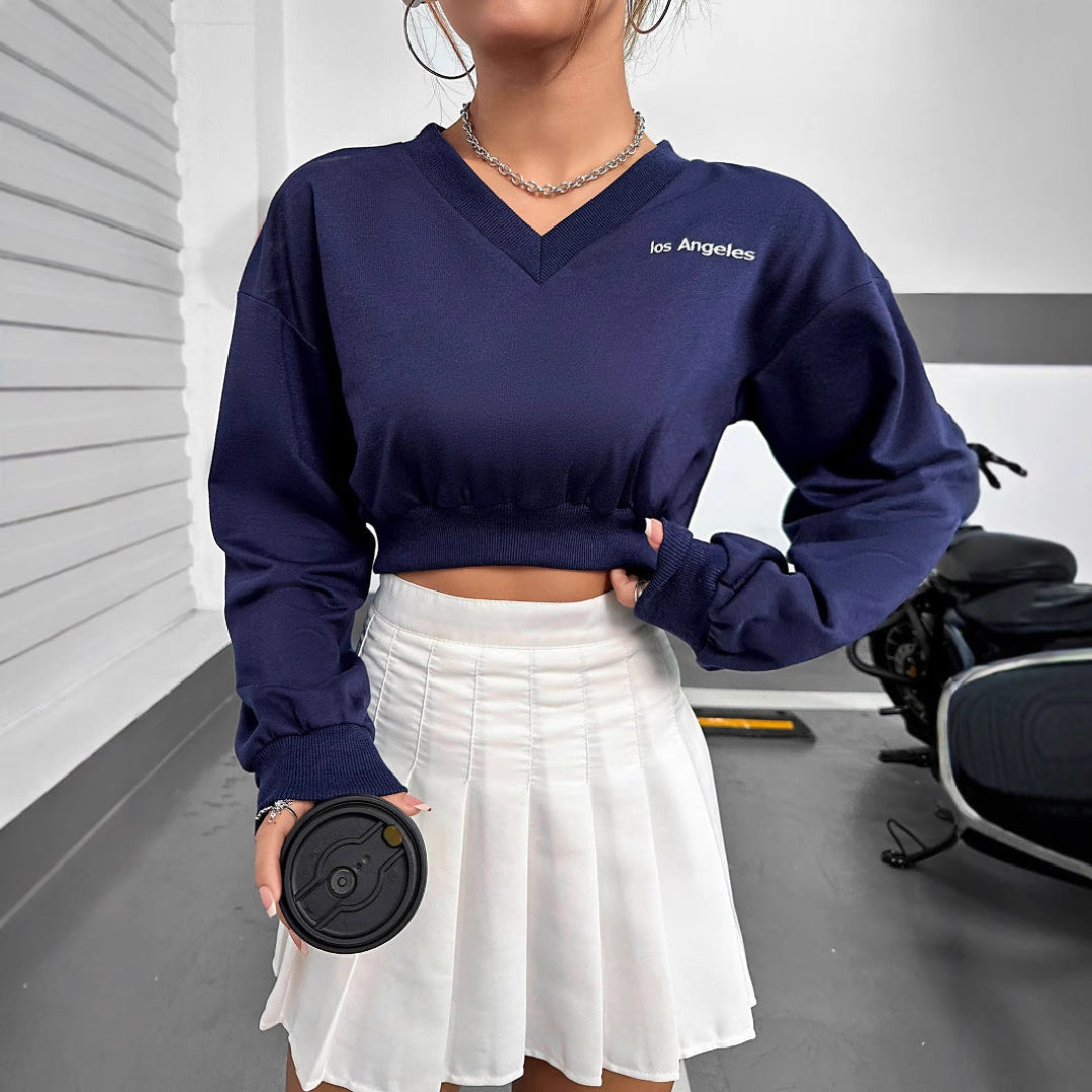 Women V Neck Cropped Sweatshirt LionStyle