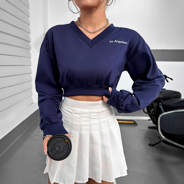 Women V Neck Cropped Sweatshirt LionStyle
