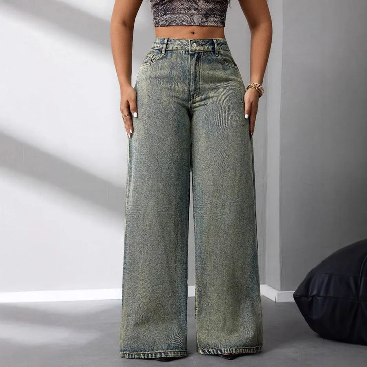 Women Vintage Fade Wide Leg Jeans LionStyle Lion Style