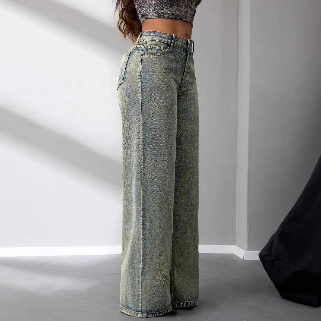Women Vintage Fade Wide Leg Jeans LionStyle Lion Style