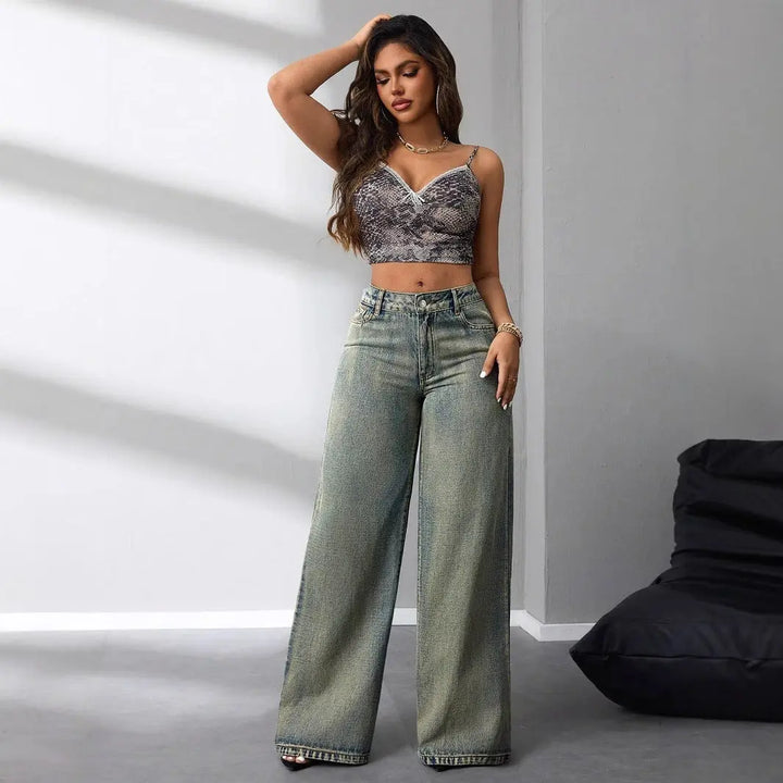 Women Vintage Fade Wide Leg Jeans LionStyle Lion Style