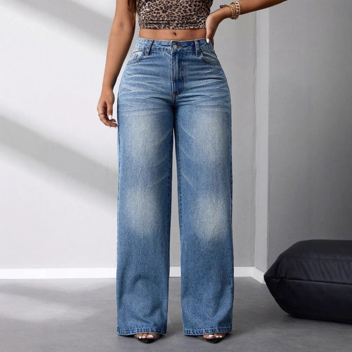 Women Vintage Wash Wide Leg Jeans LionStyle